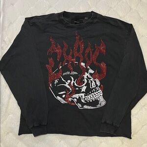 PacSun Black Long Sleeve with Red Skull Flames